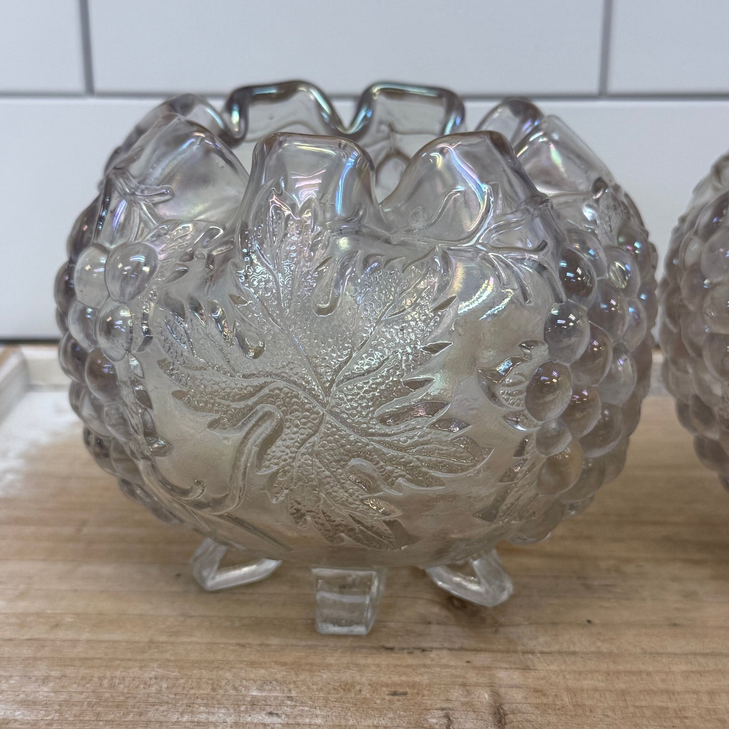 Dugan Grape Delight White Carnival Glass Bowls, Set of 3 c.1910s