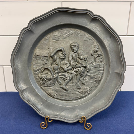 Pewter Plate Dutch Style Peasant Scene Wall Charger