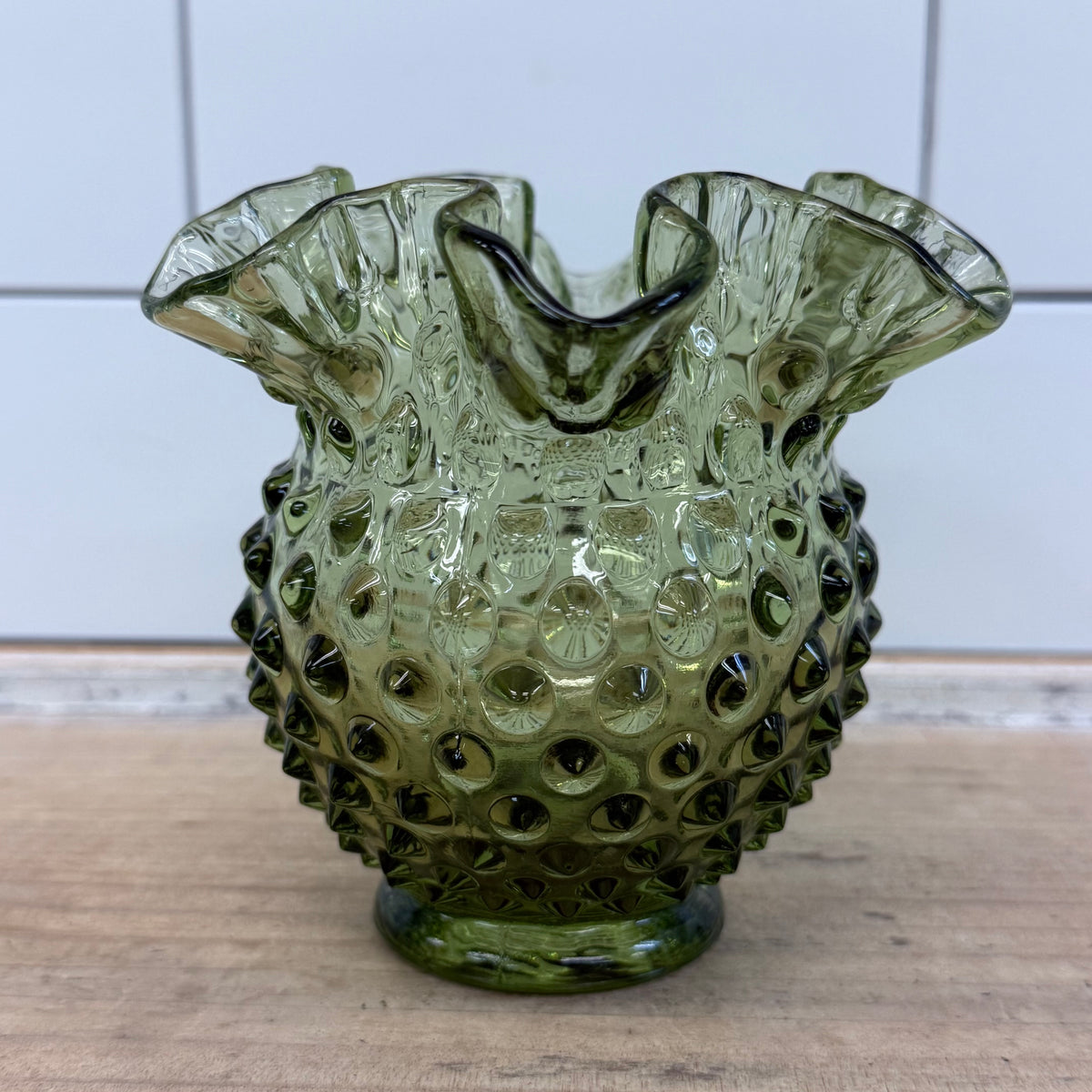 Fenton Colonial Green Hobnail Vase Vintage Art Glass Decor