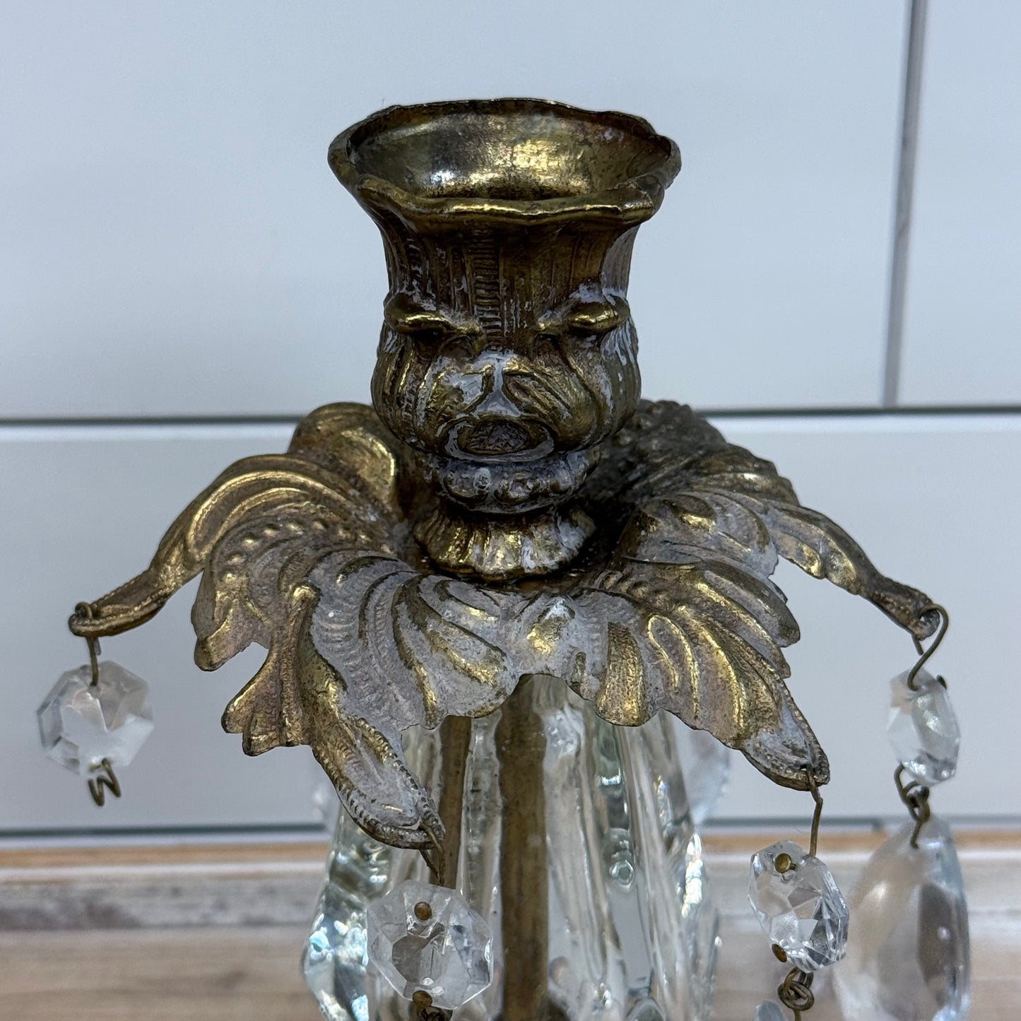 L&L WMC Brass Crystal Prism Candlestick Holders Set of 2 1973