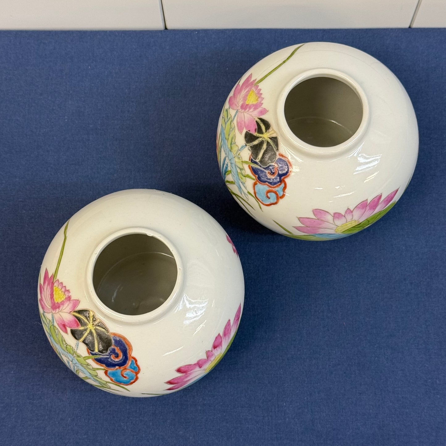 Toyo Porcelain Ginger Jars Bird & Dragonfly Set of 2 Japan