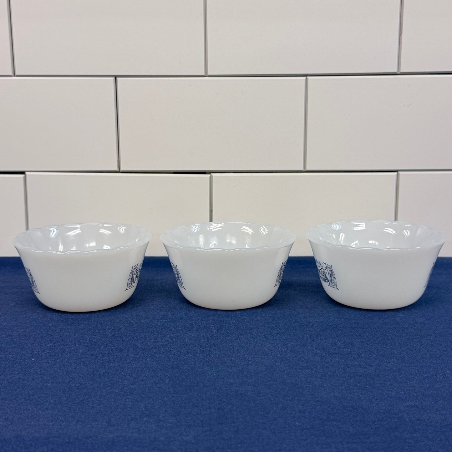 Currier & Ives Milk Glass Custard Cups Ramekins Set of 3, 1970s