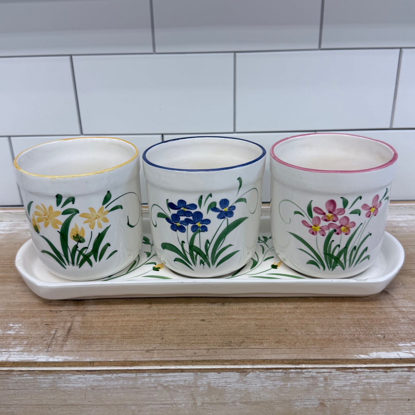 Hand Painted Floral Planter Pots & Tray Set Ceramic Garden Decor