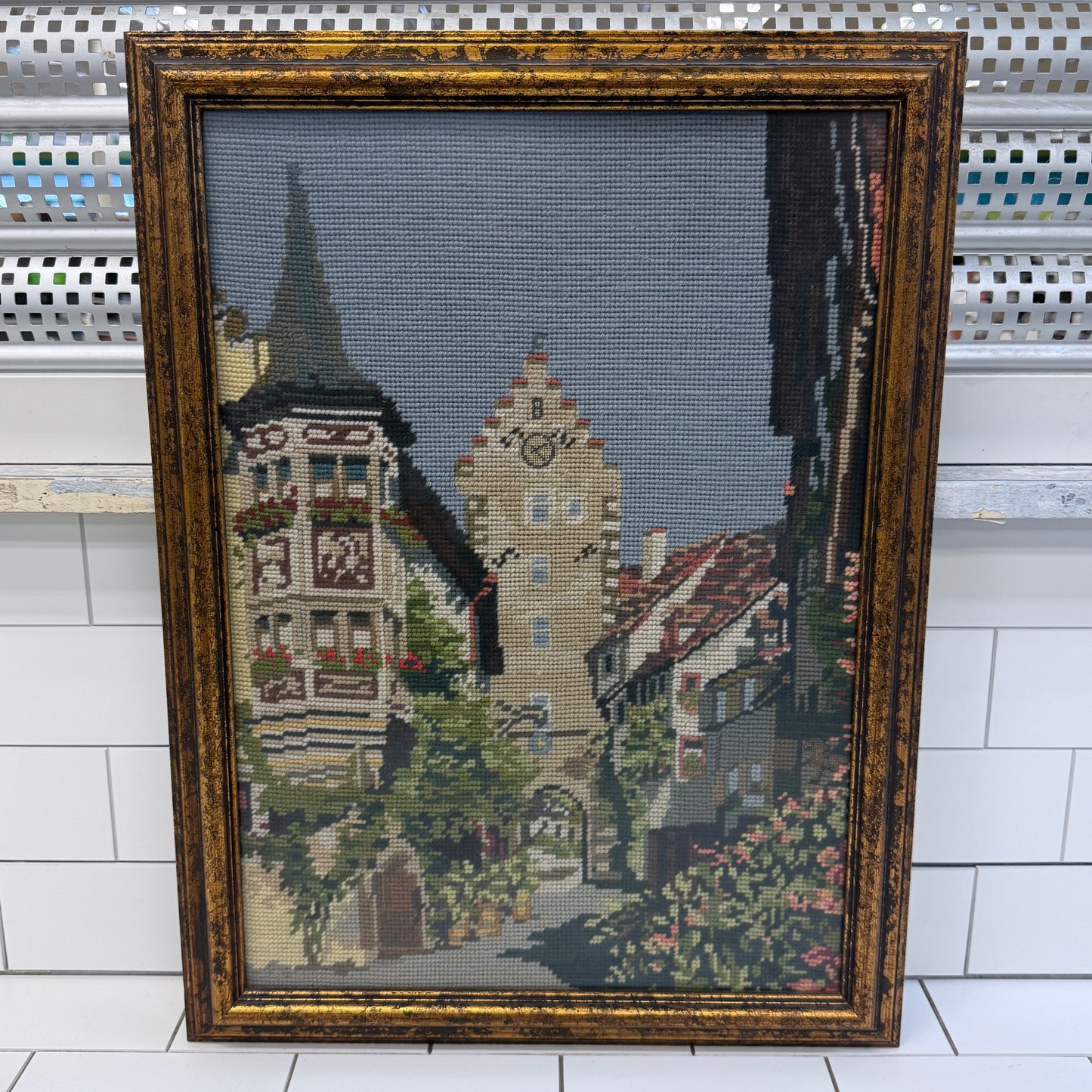 European Village Clock Tower Framed Needlepoint Art