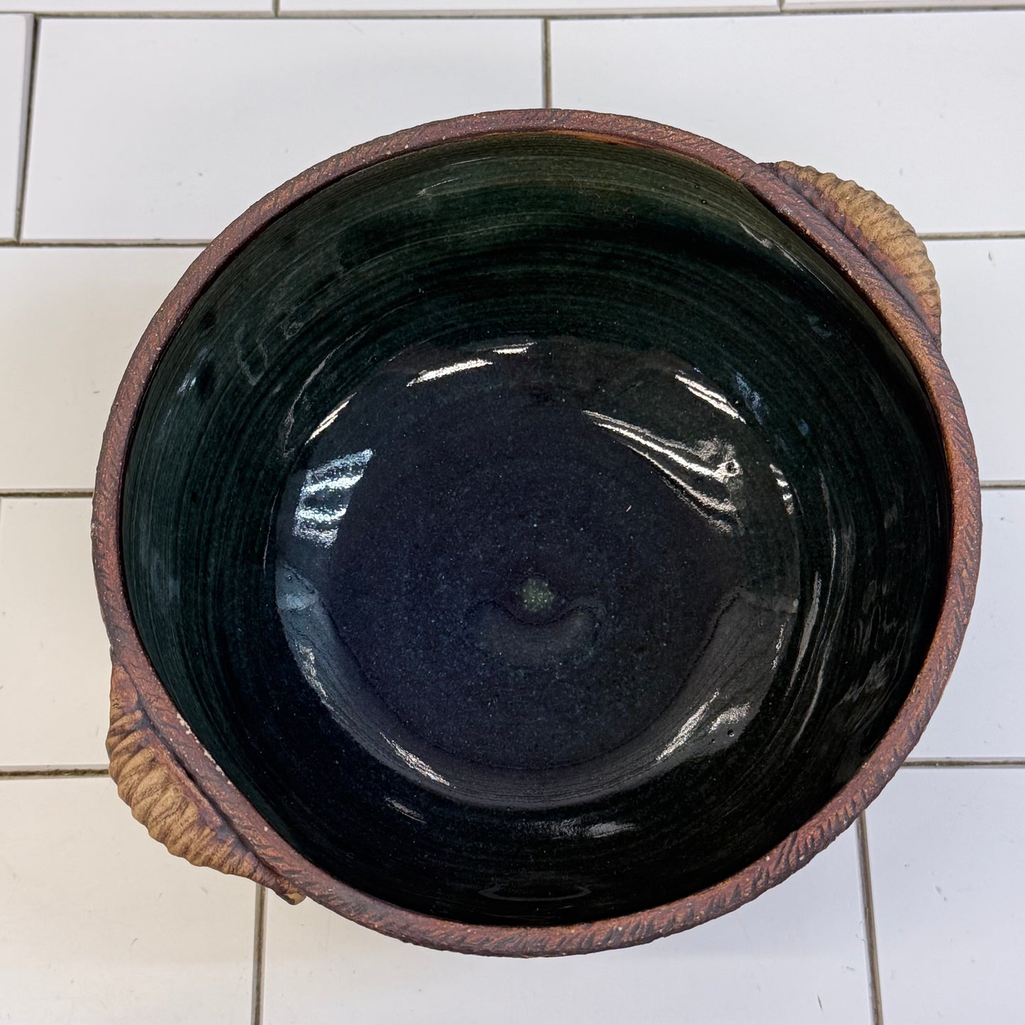 Studio Art Pottery Spiral Handled Bowl, Signed, Glazed Stoneware