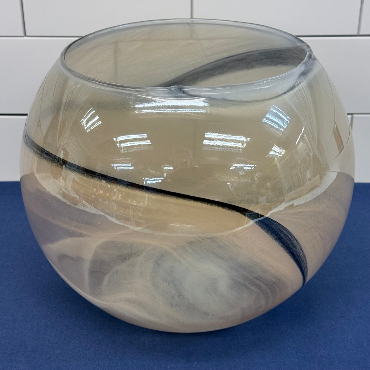 Italian Murano Art Glass Bowl Black White Ribbon