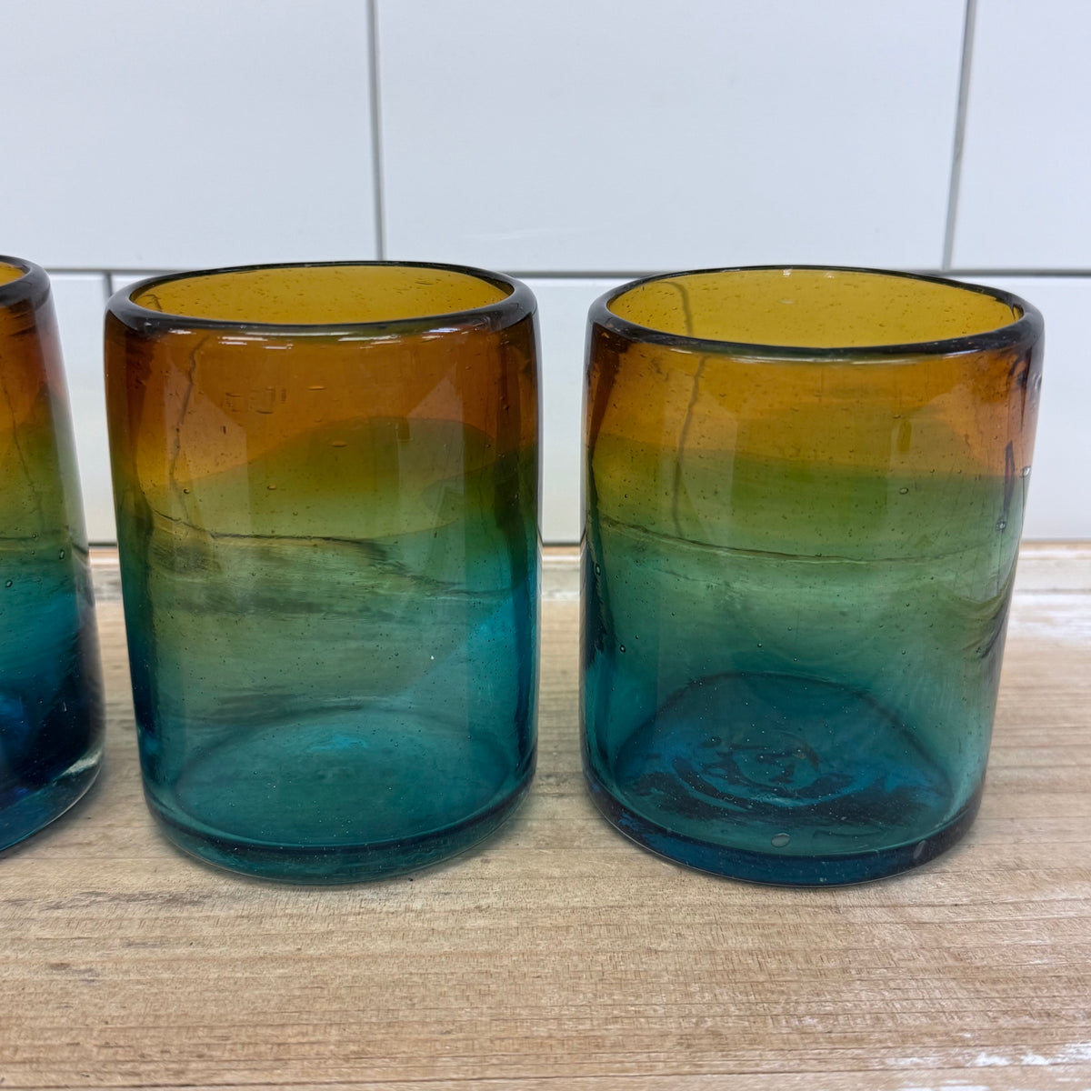 Handblown Ombré Amber Blue Green Art Glass Tumbler Set of 4