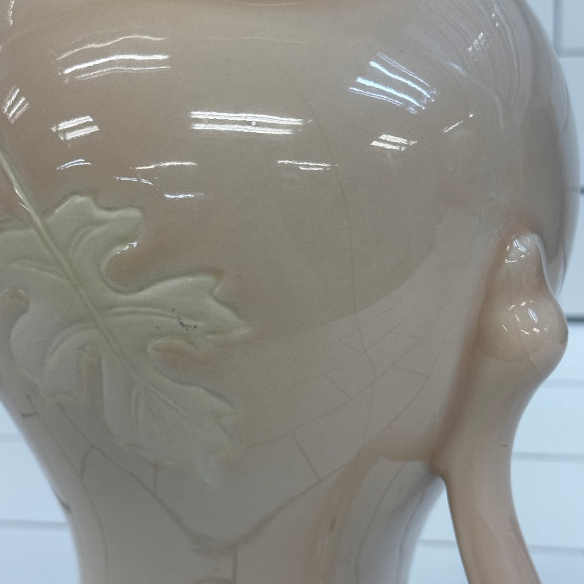 Ceramic Pitcher Embossed Leaf Design Farmhouse Decor 13”