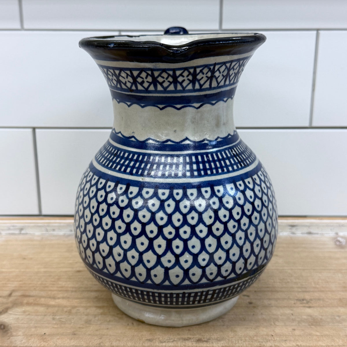 Moroccan Fez Blue White Pottery Pitcher & Plate Hand Painted