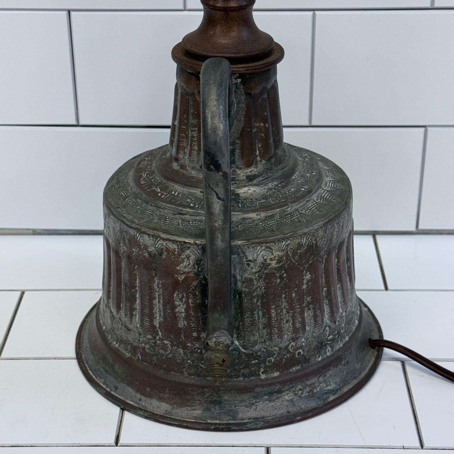 Vintage Kettle Table Lamp with Whipstitch Shade