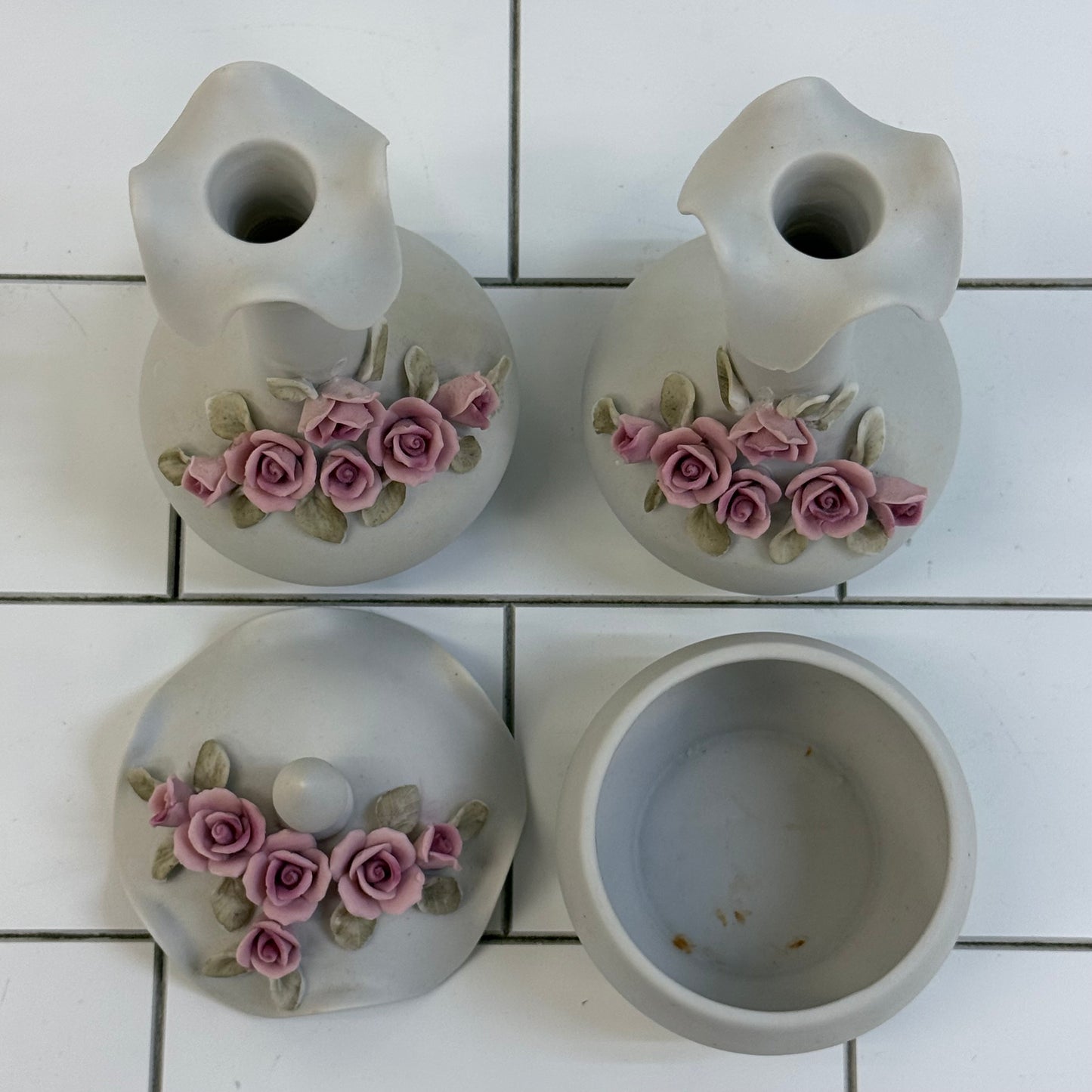 Arnart Bisque Porcelain Rose Vanity Set of 4