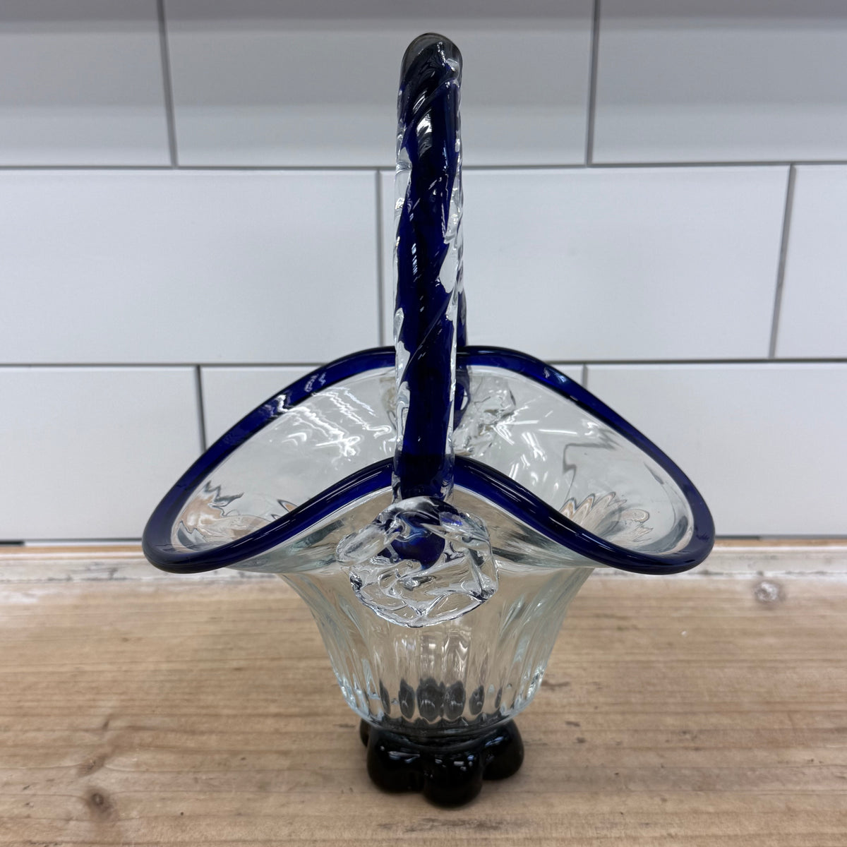 Crystal Brand Cobalt Blue Art Glass Basket 1970s