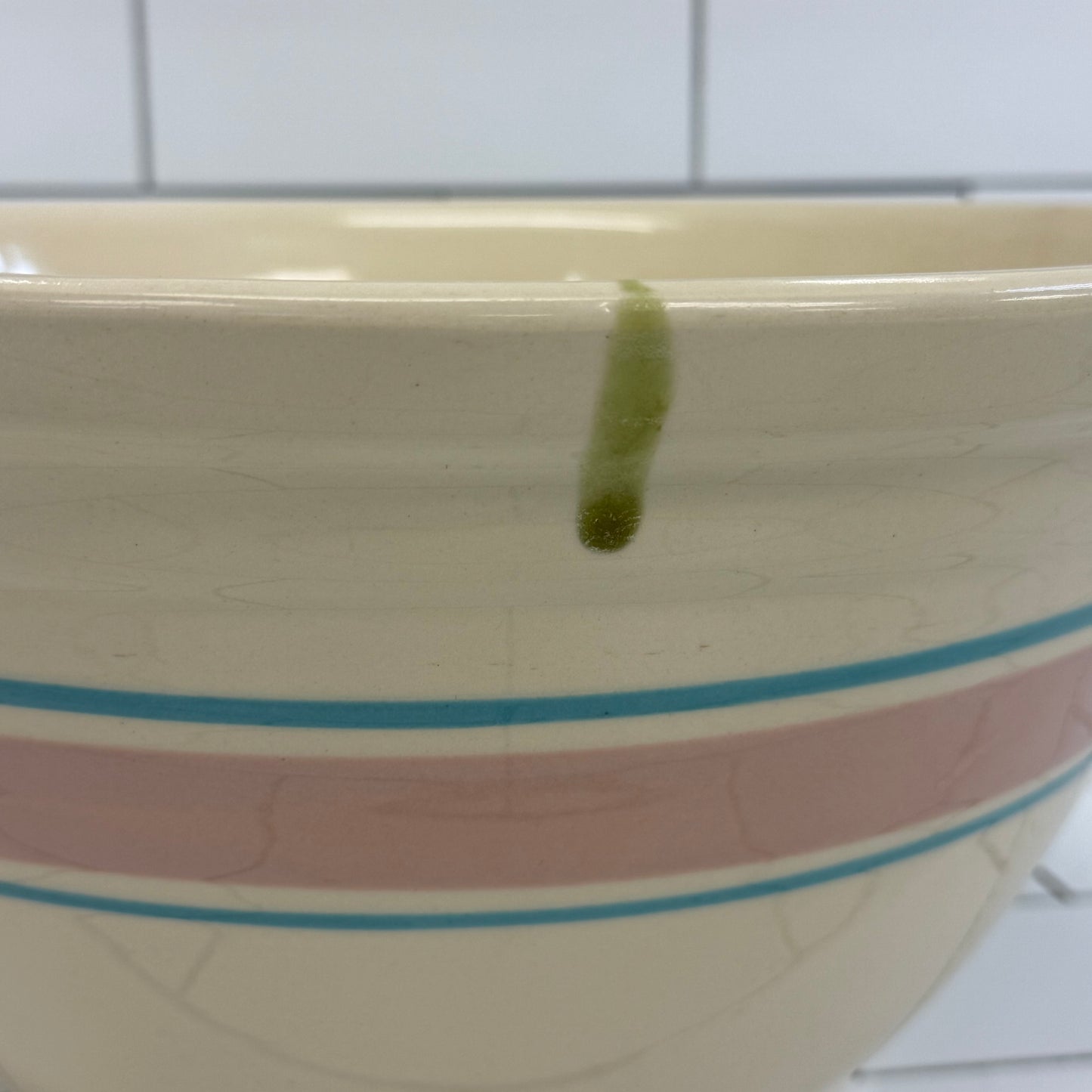 USA Pottery Mixing Bowl Pink Blue Bands Ovenware 1940s