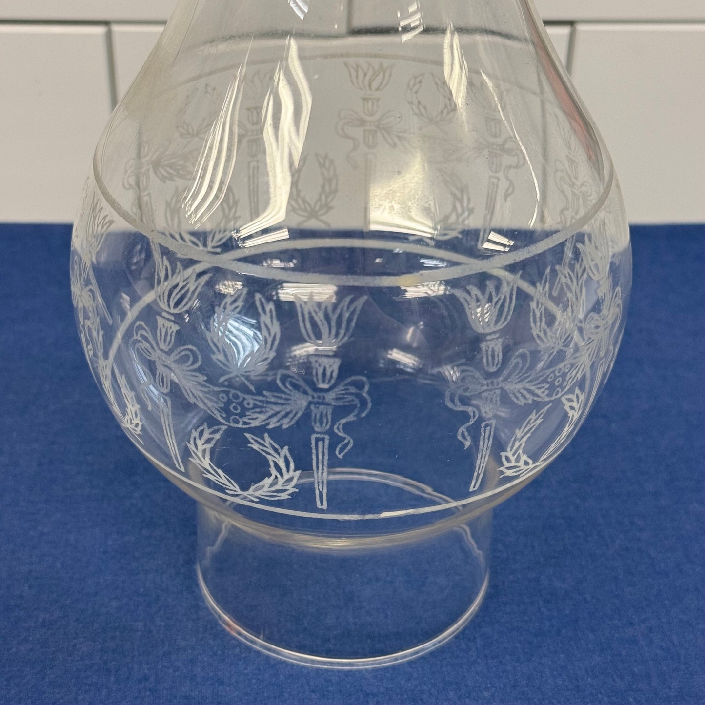 Giant Brand Clear Glass Oil Lamp with Etched Floral Glass Chimney
