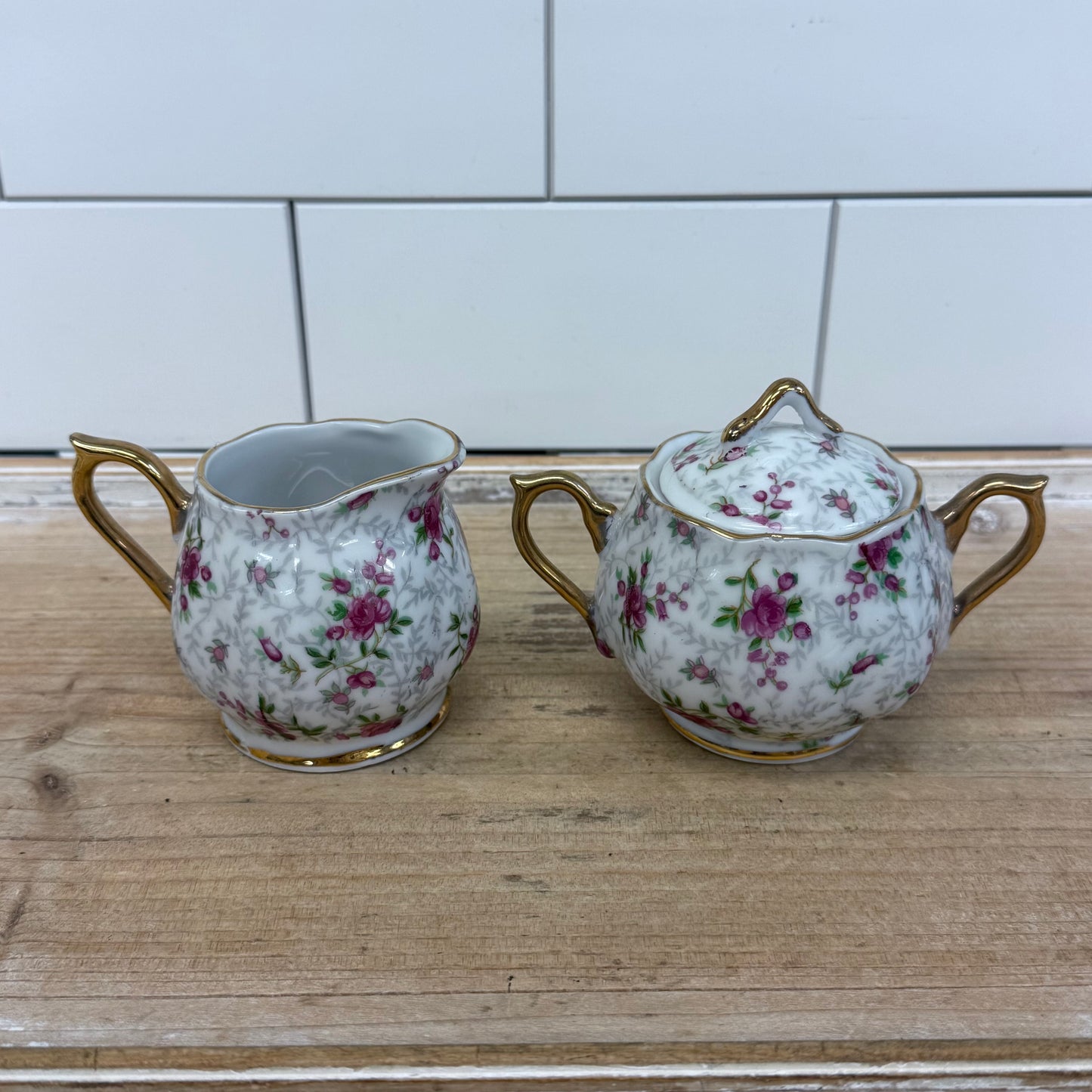 INARCO Rose Chintz Creamer & Sugar Bowl Set 1960s