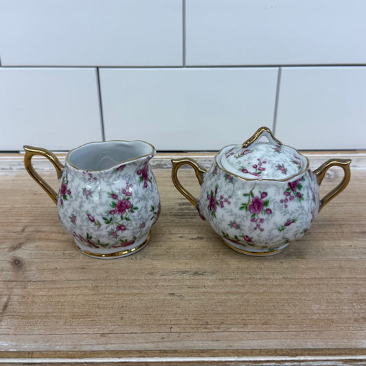 INARCO Rose Chintz Creamer & Sugar Bowl Set 1960s