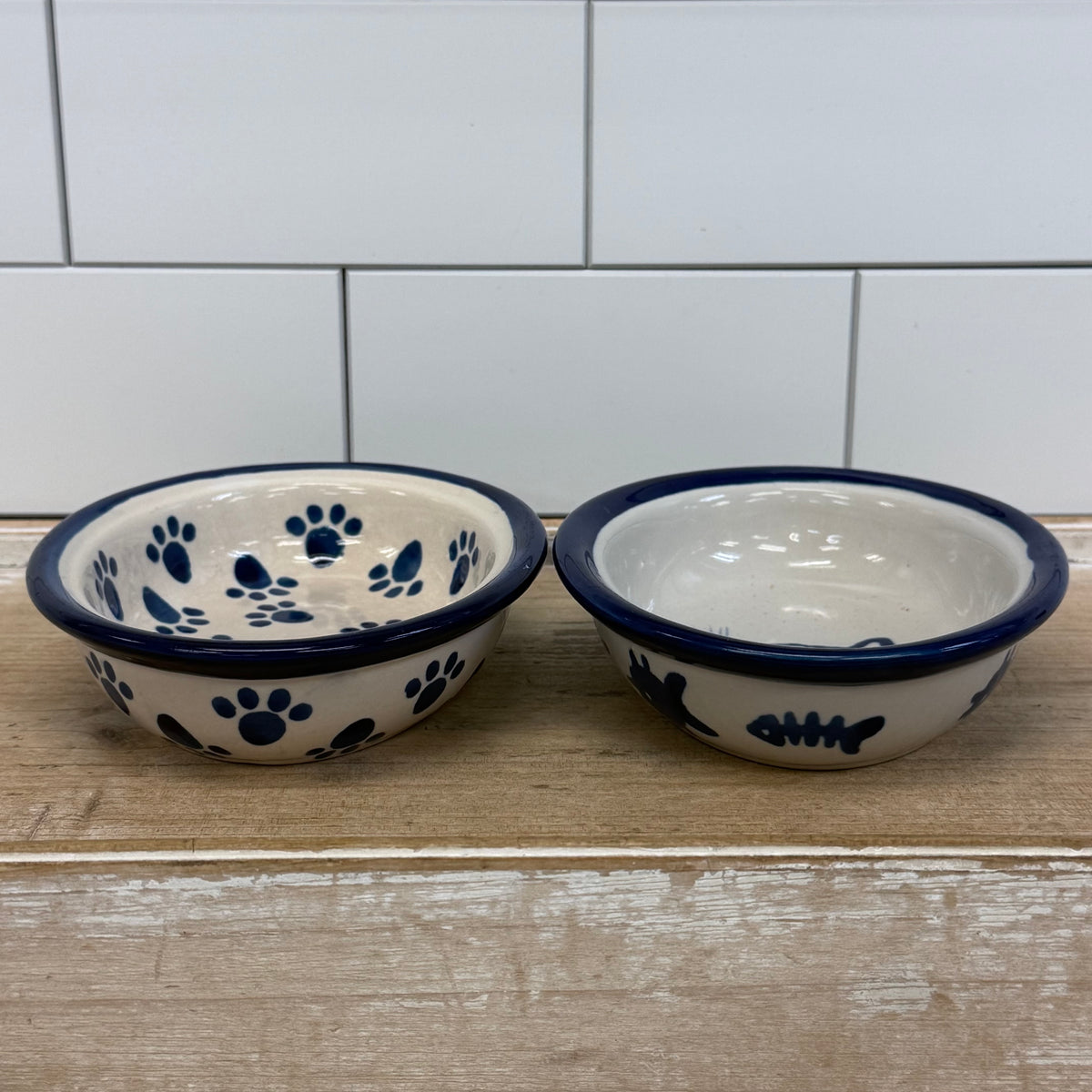 Blue & White Cat Pet Bowls Set of 2 Stoneware