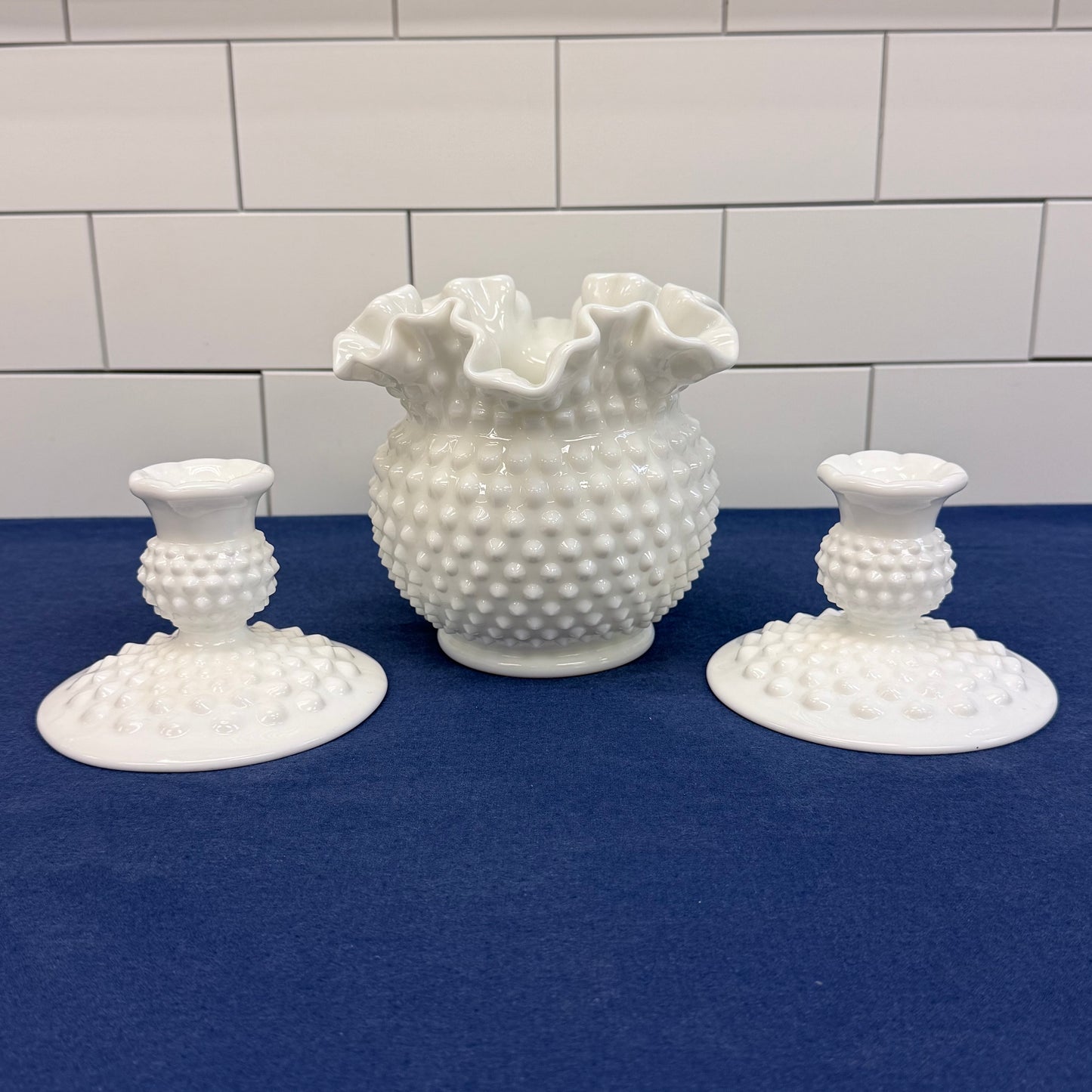 Fenton Hobnail Milk Glass Vase & Candlestick Set of 3 1950-70