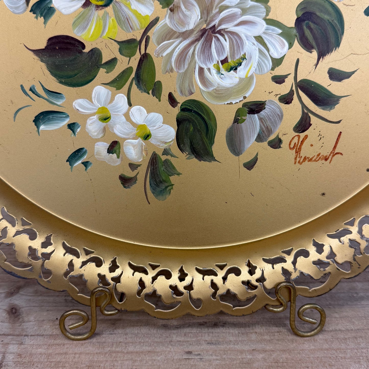 Vintage Nashco Hand Painted Floral Toleware Metal Tray 15”