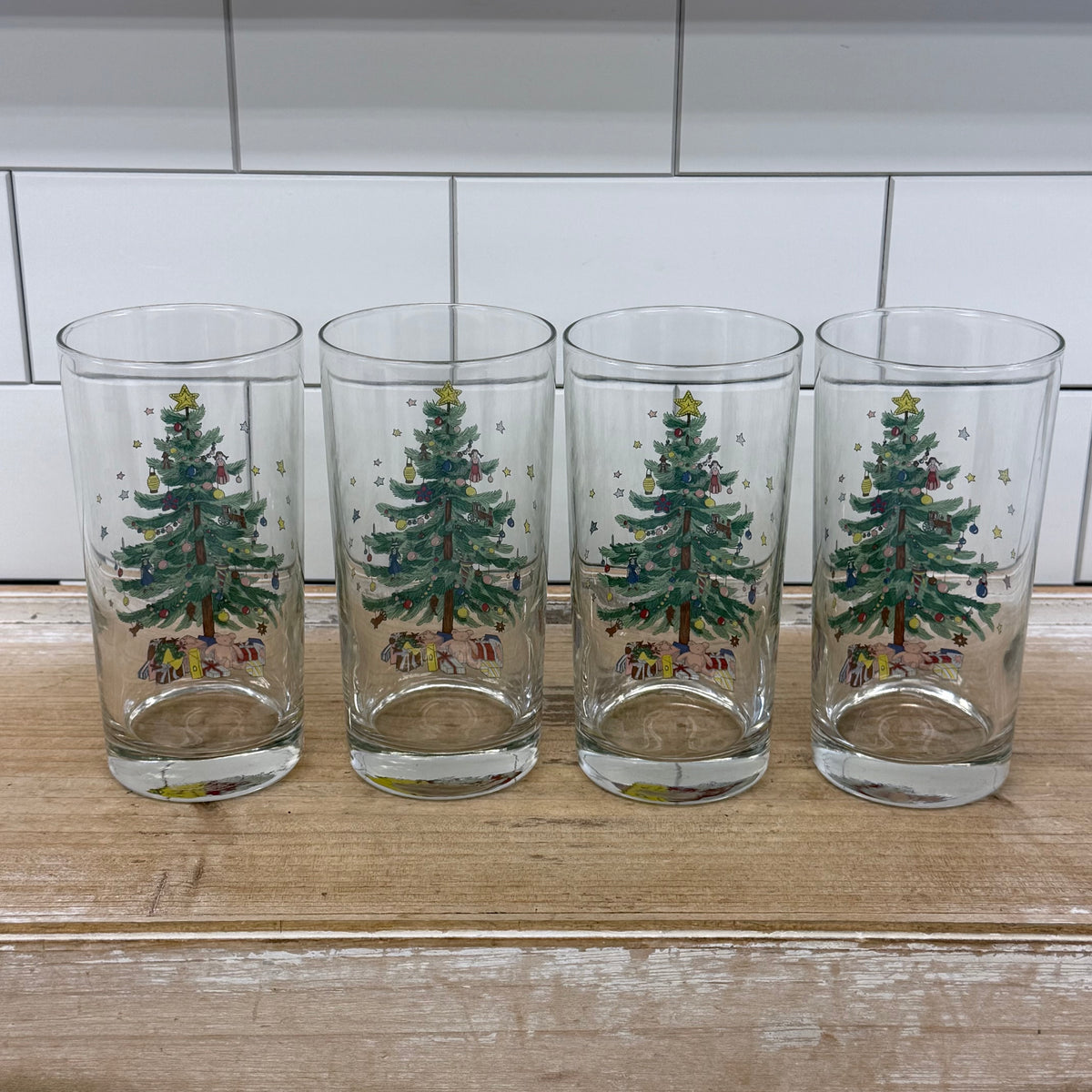 Nikko Christmas Tree Teddy Bear Highball Glass Tumblers Set of 4