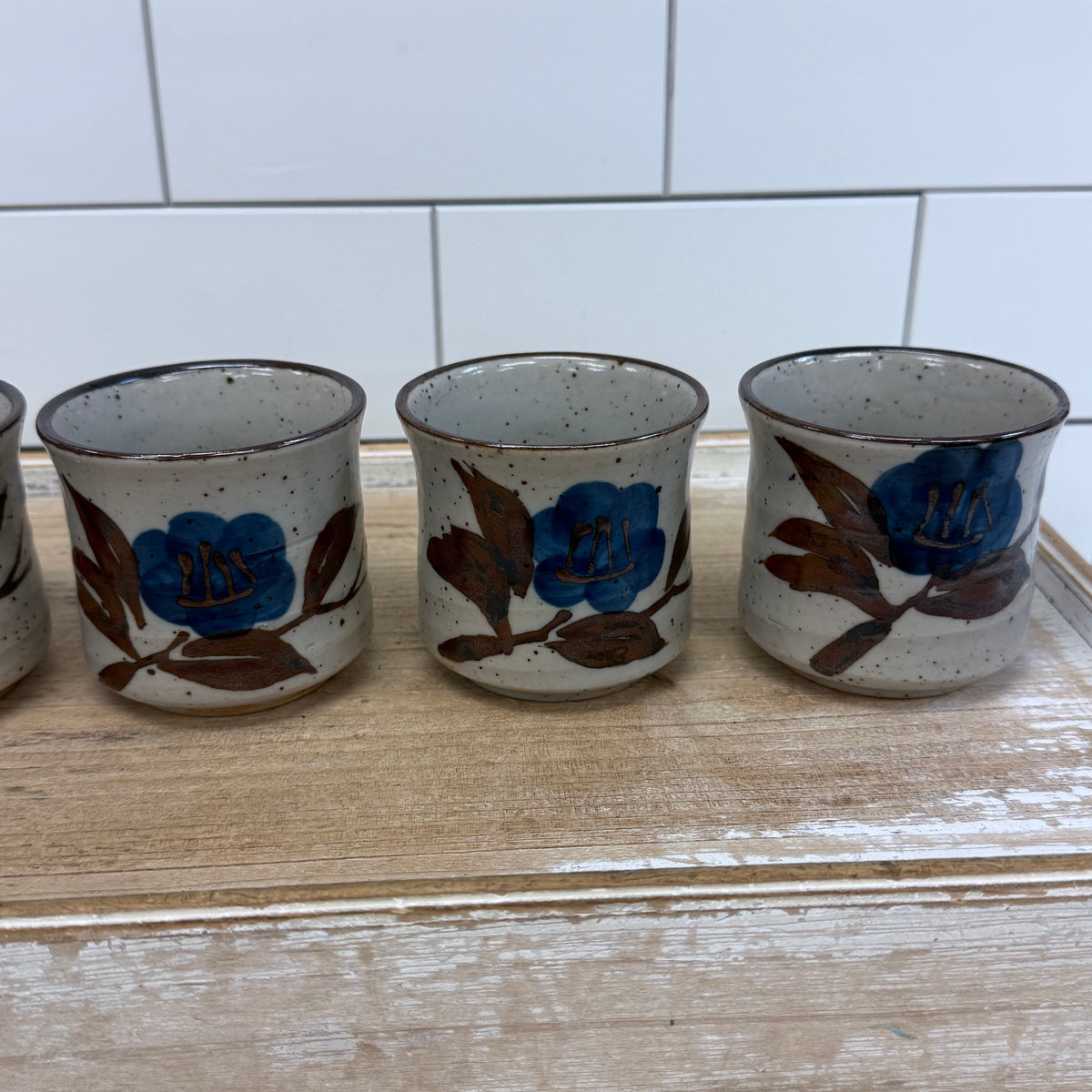Japanese Stoneware Tea Set Blue Floral Teapot 7 Piece