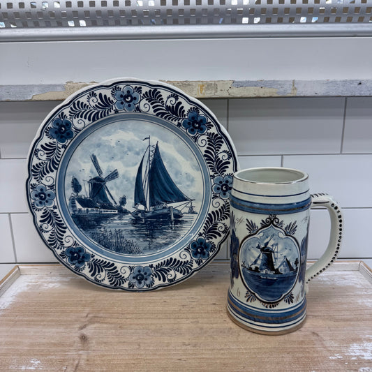Delft Blue Windmill Stein & Plate Set Ceramic Decor