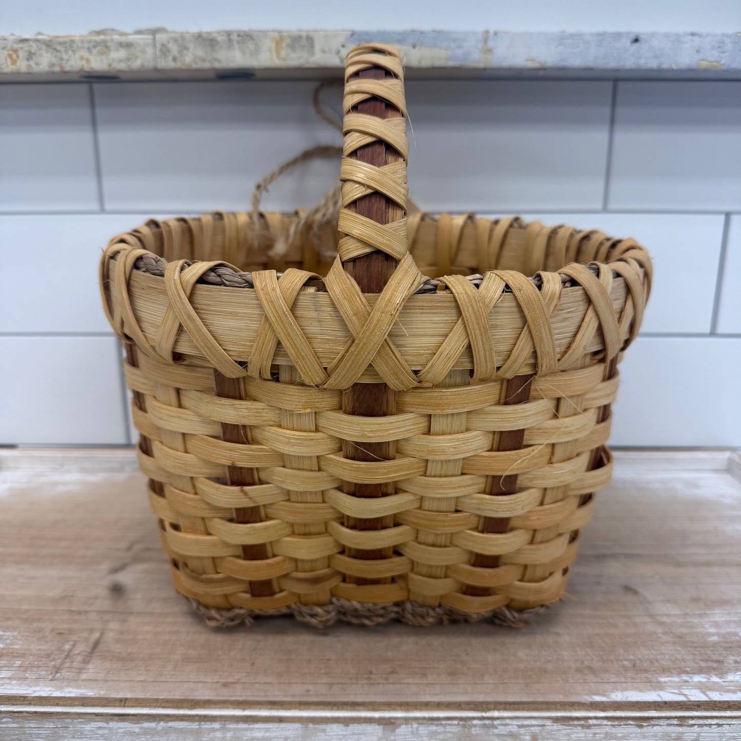 Handwoven Williamsburg Oak Handle Market Basket Signed