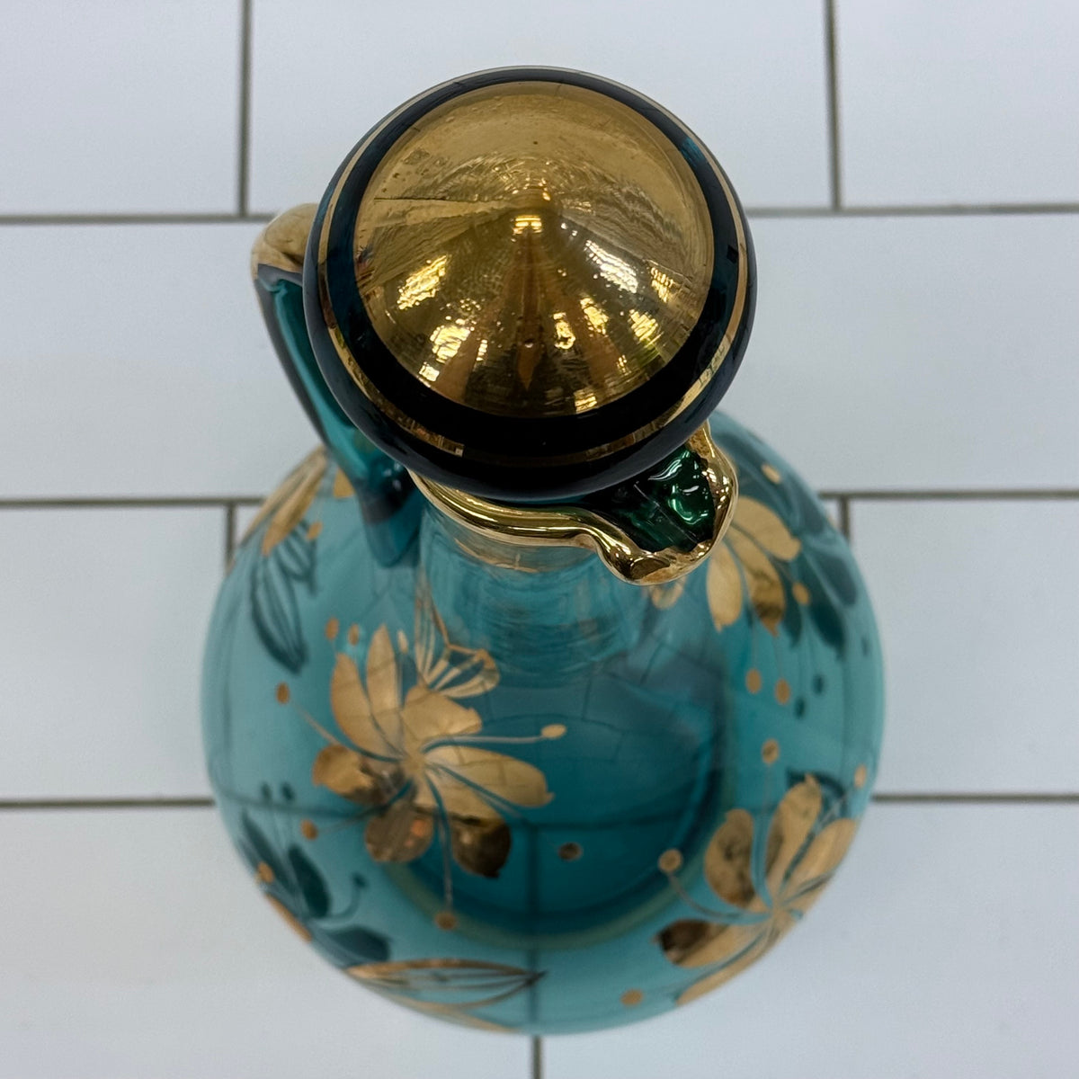 Italian Blue Glass Decanter & 6 Goblets Gold Floral Set