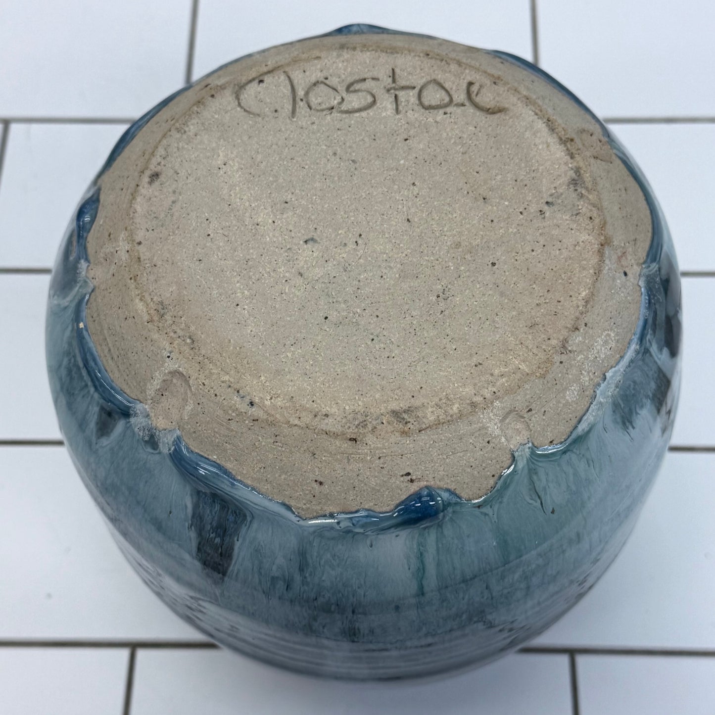 Studio Art Pottery Jar Signed with Cork Lid Blue Green Drip Glaze