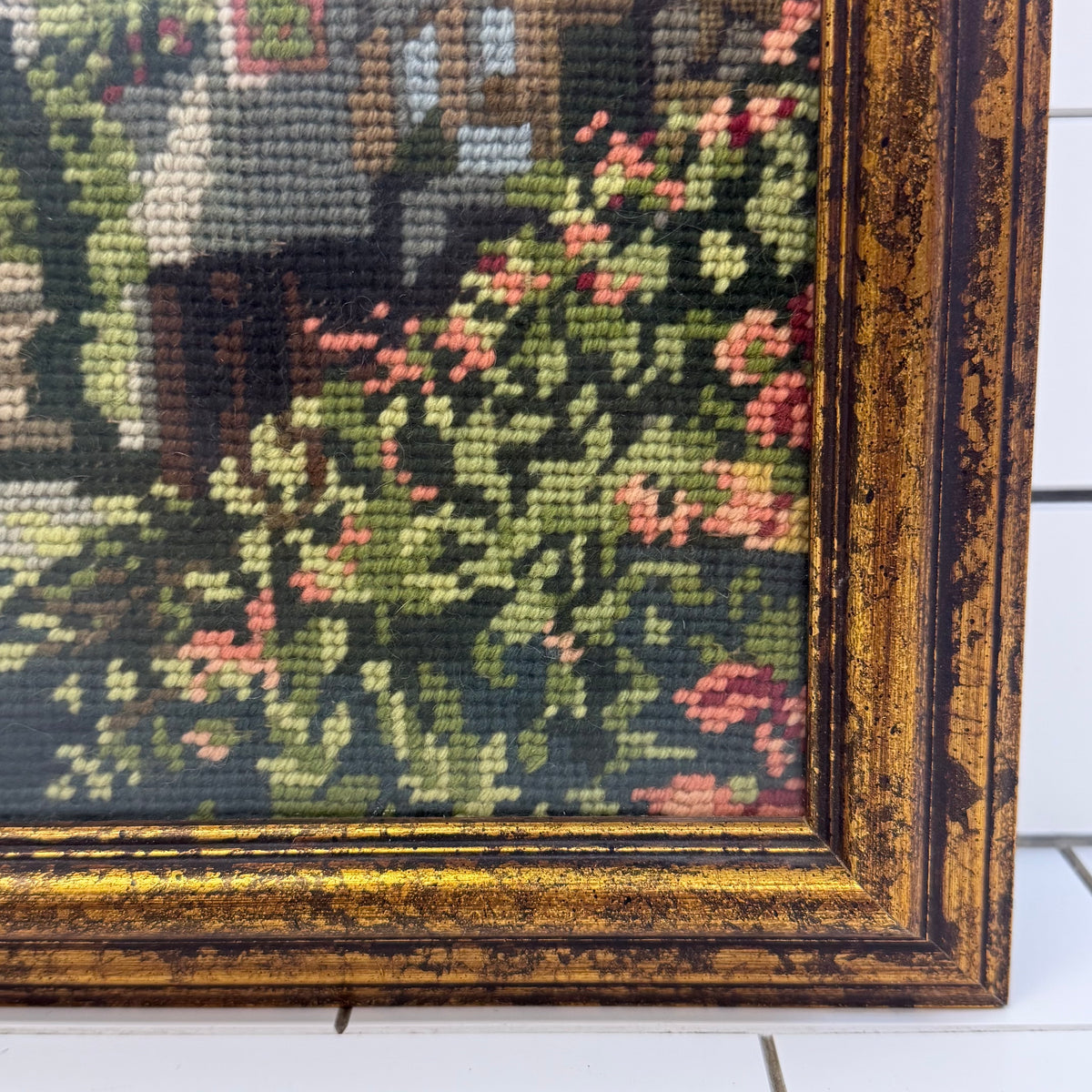 European Village Clock Tower Framed Needlepoint Art
