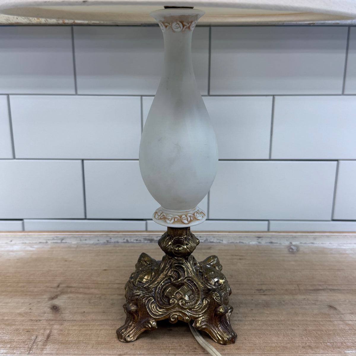 Vintage Cherub Raised Relief Bisque Porcelain Table Lamp