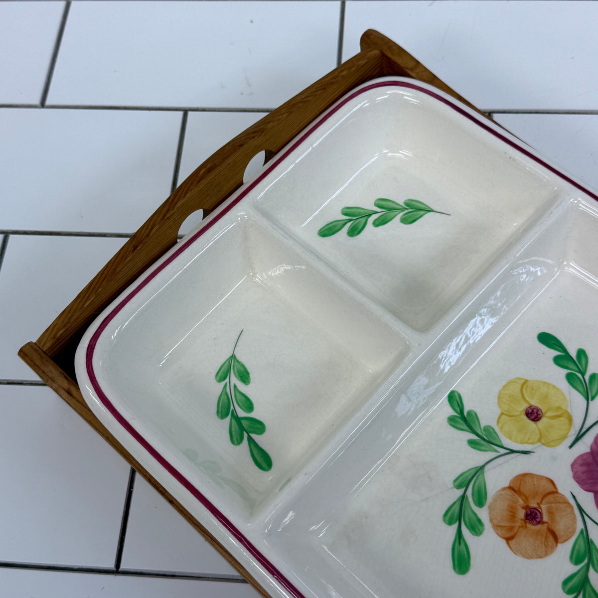 Hand Painted Floral Serving Dish with Wood Tray