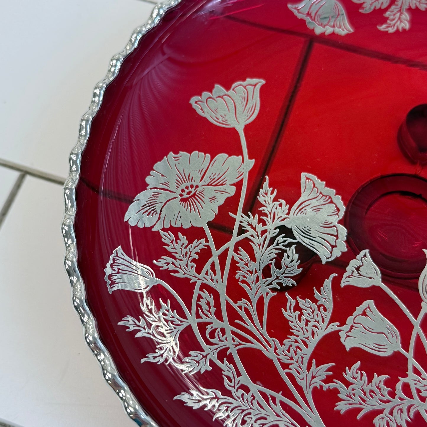 Ruby Red Glass Centerpiece Silver Overlay Bowl Decor