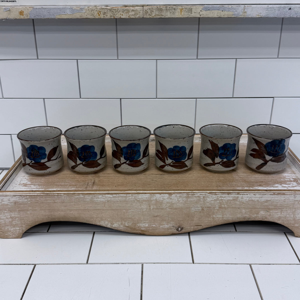 Japanese Stoneware Tea Set Blue Floral Teapot 7 Piece