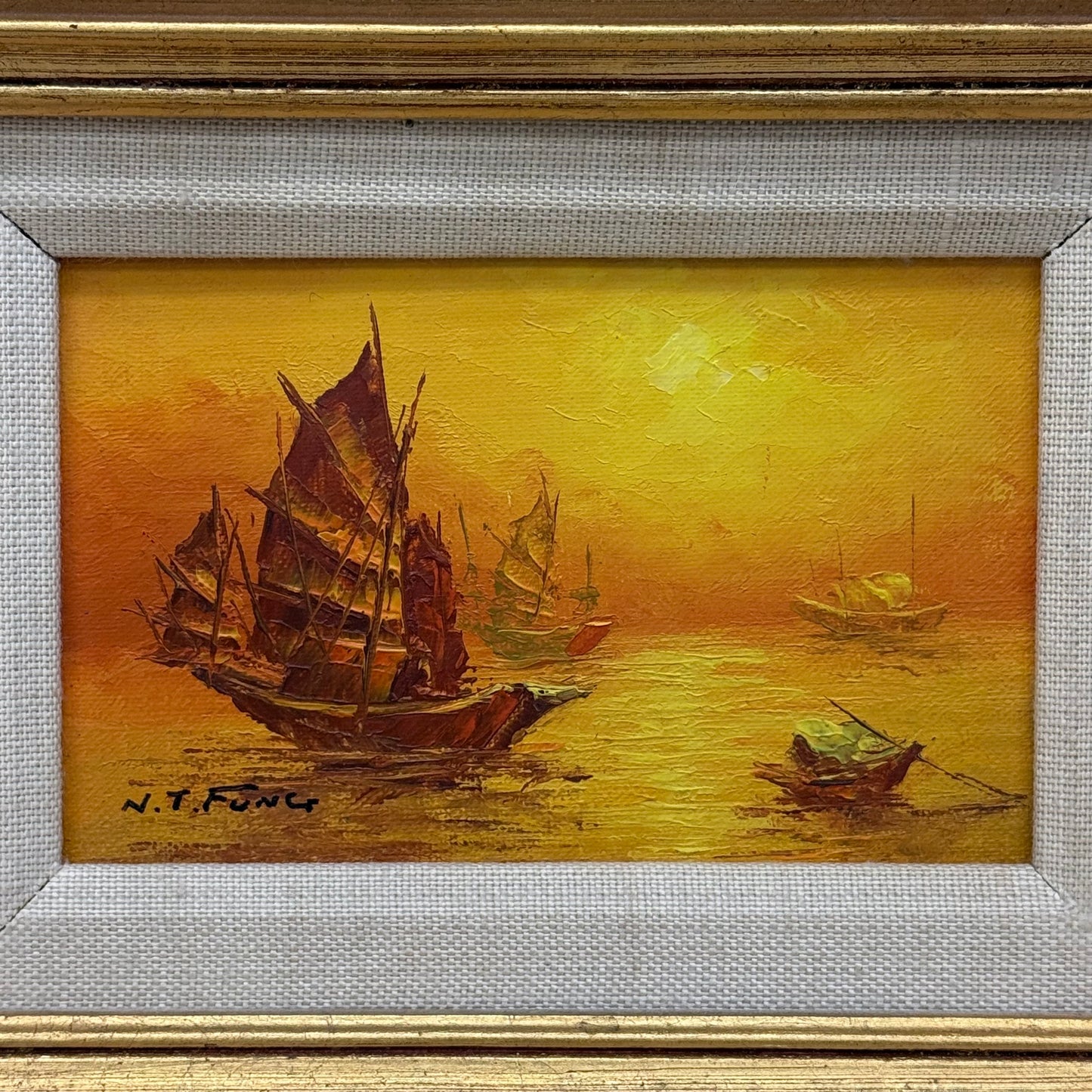 Sunset Junk Ships Original Oil Painting, Signed N.T. Fung