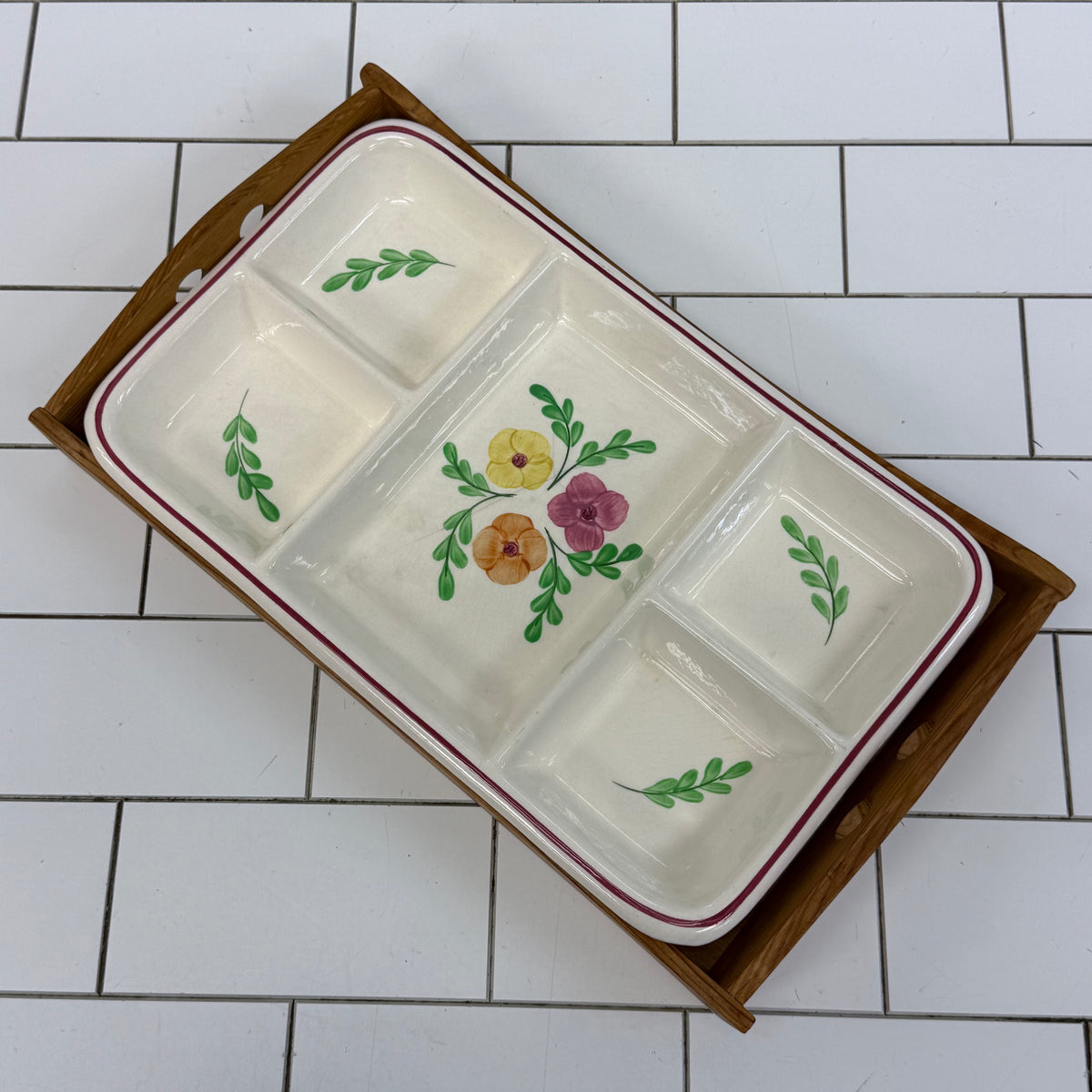 Hand Painted Floral Serving Dish with Wood Tray