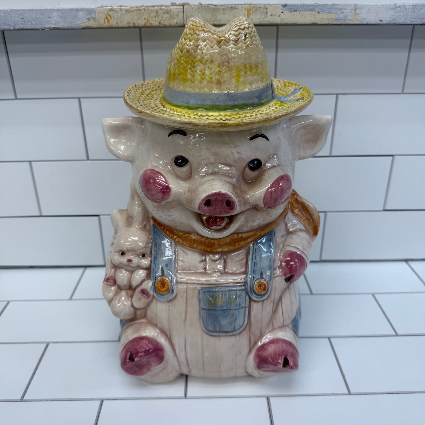 Treasure Craft Farmer Pig Cookie Jar, Ceramic 1960s
