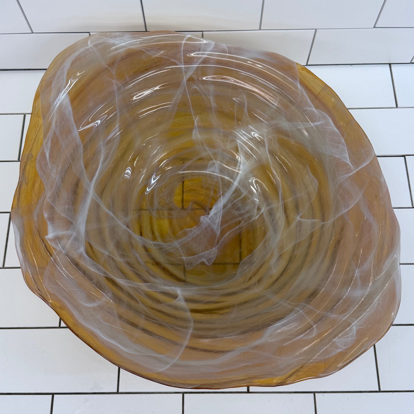 Hand Blown Studio Art Glass Centerpiece Bowl Amber Swirl
