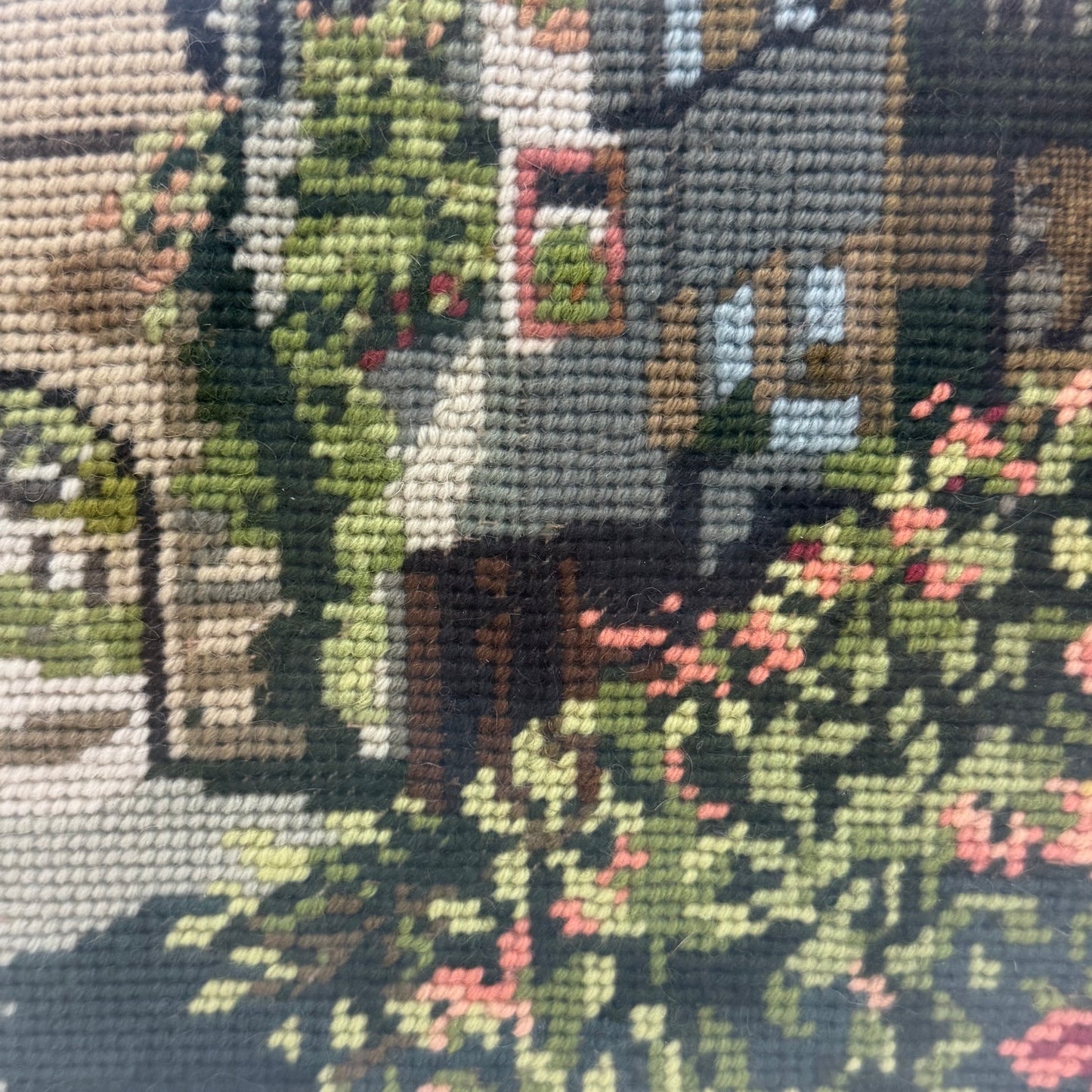 European Village Clock Tower Framed Needlepoint Art