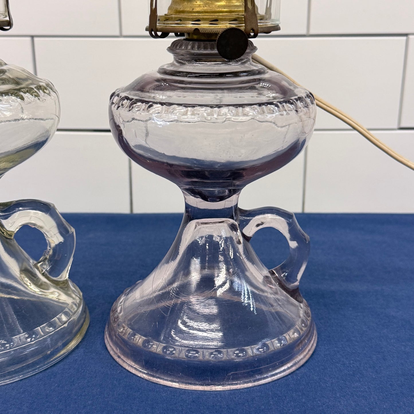 Electrified Glass Oil Finger Lamps with Chimneys Shades Set of 2