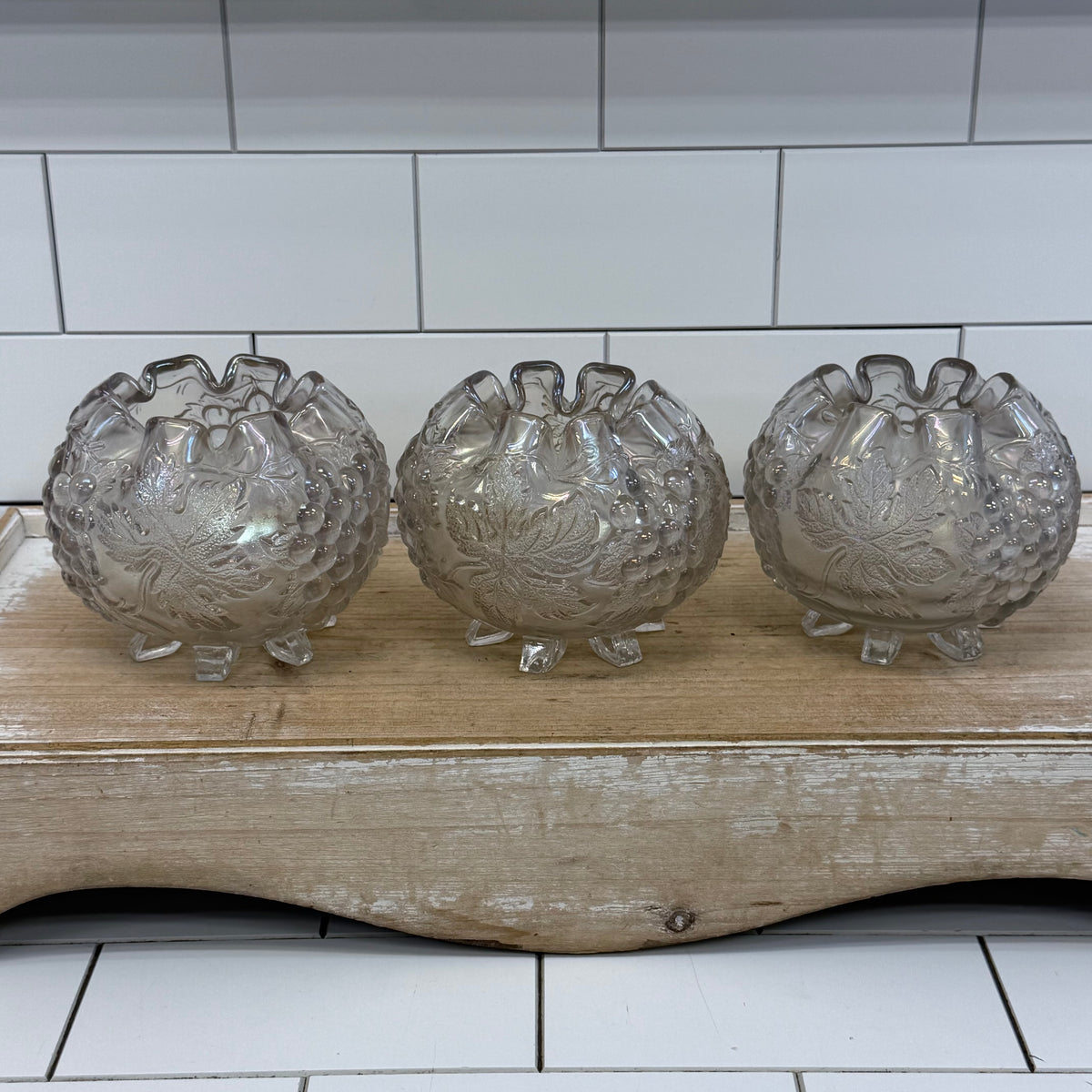 Dugan Grape Delight White Carnival Glass Bowls, Set of 3 c.1910s