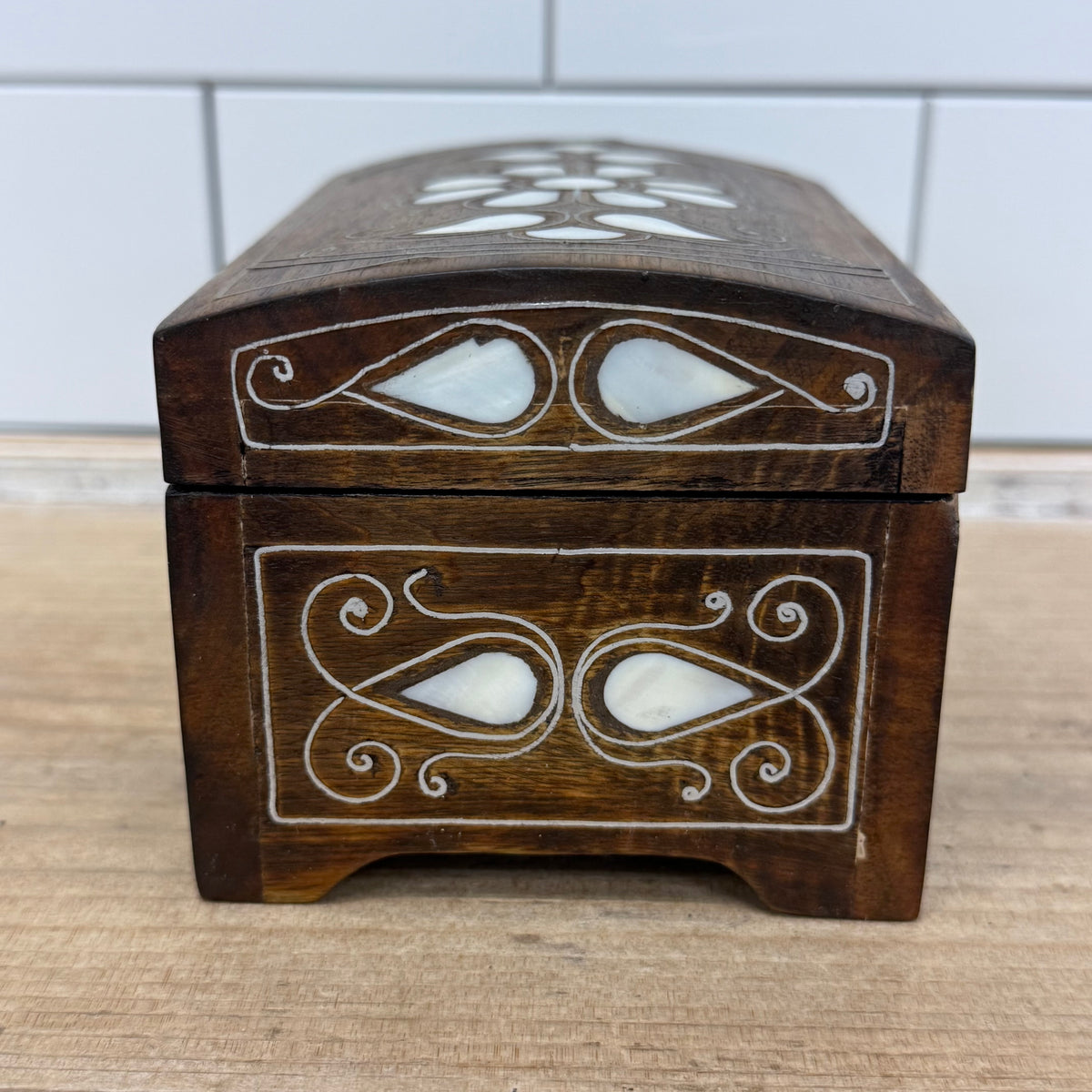 Wood Mother of Pearl Inlay Jewelry Trinket Box
