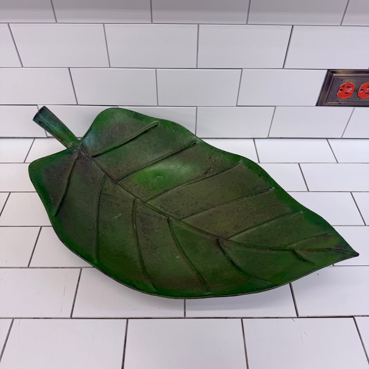 Large Green Metal Leaf Bowl Botanical Centerpiece Decor