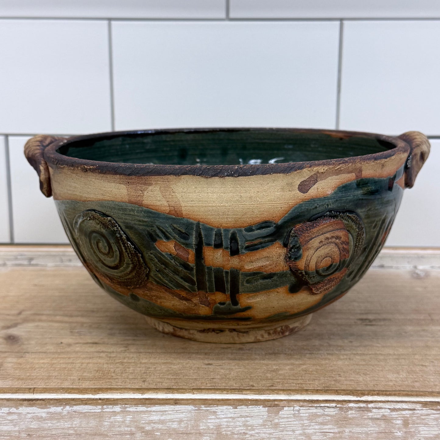 Studio Art Pottery Spiral Handled Bowl, Signed, Glazed Stoneware