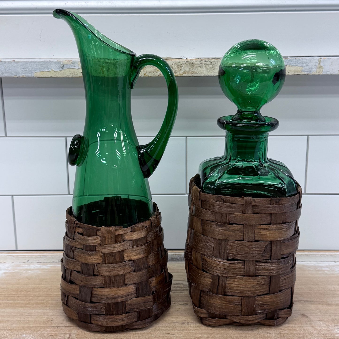 Spanish Emerald Green Art Glass Decanter & Pitcher Set 1960s