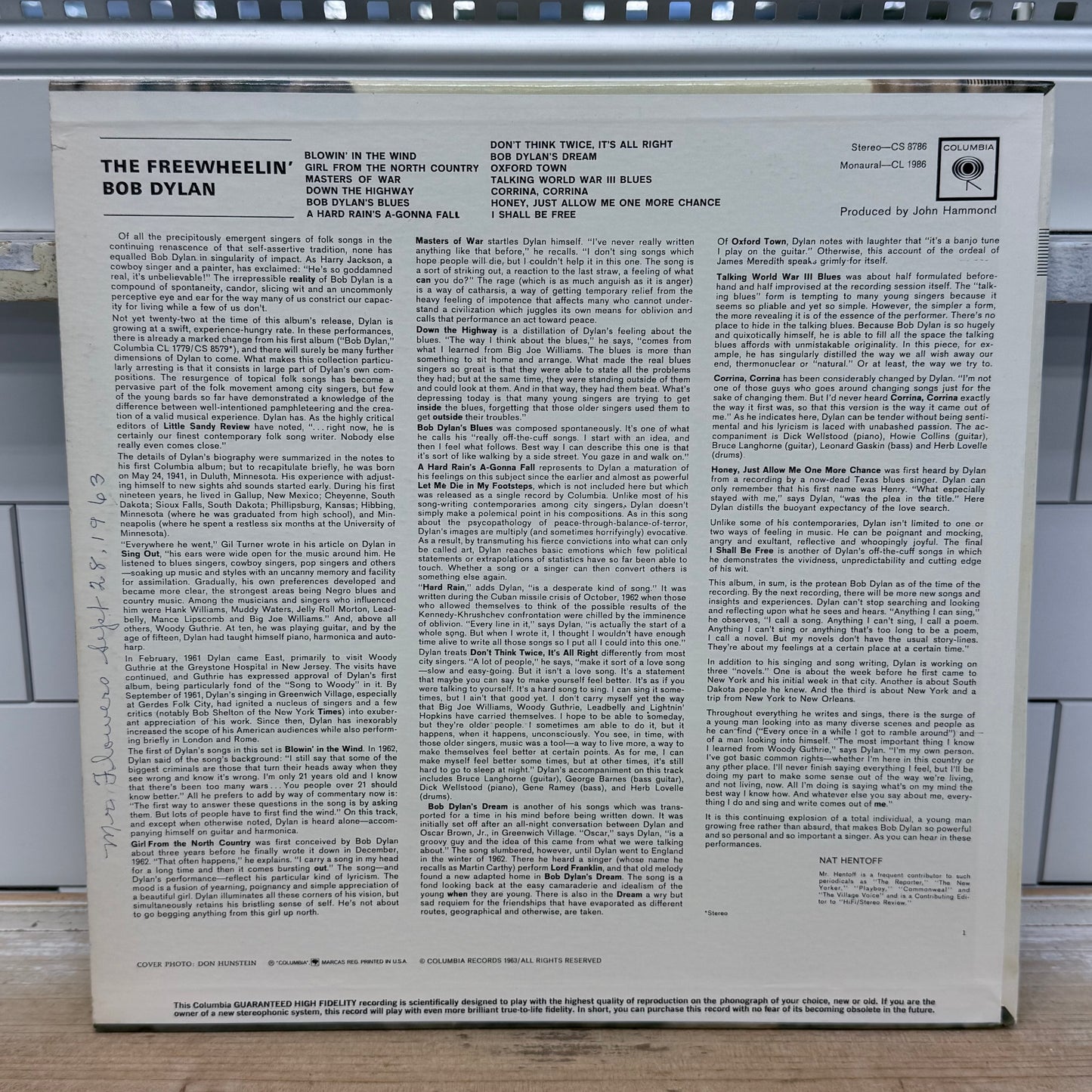 Bob Dylan The Freewheelin' Vinyl Record 1963 #CL1986
