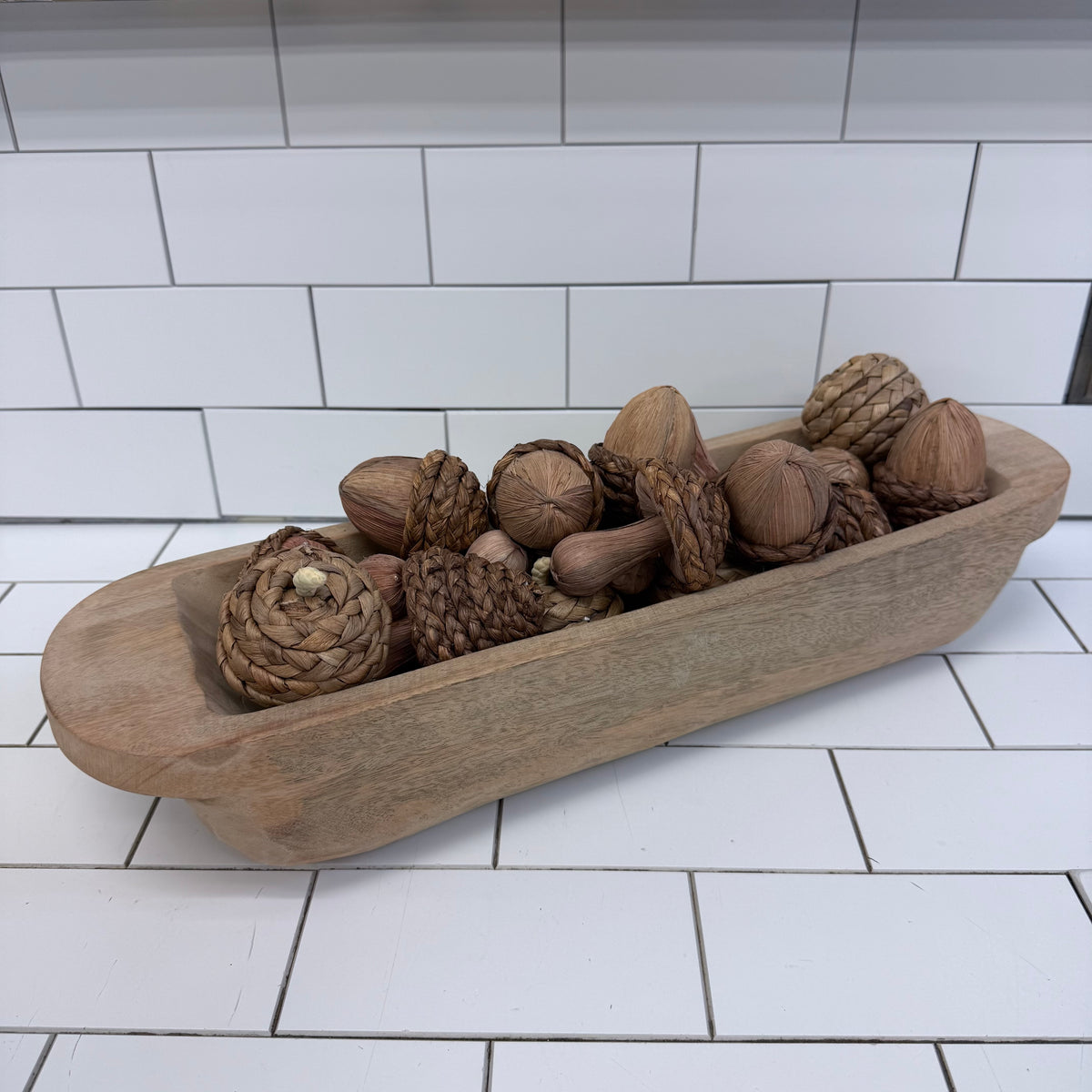 Rustic Trough Bowl & Woven Mushroom Acorn Pine Cones