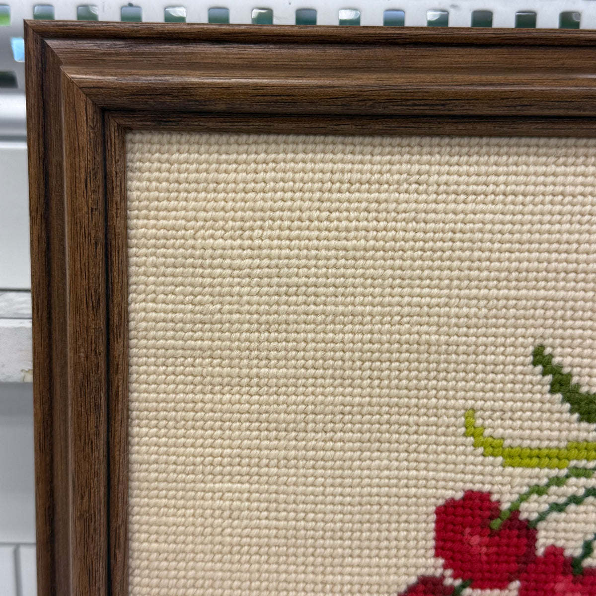 Cherries & Flowers Framed Embroidery Art Vintage 1970s