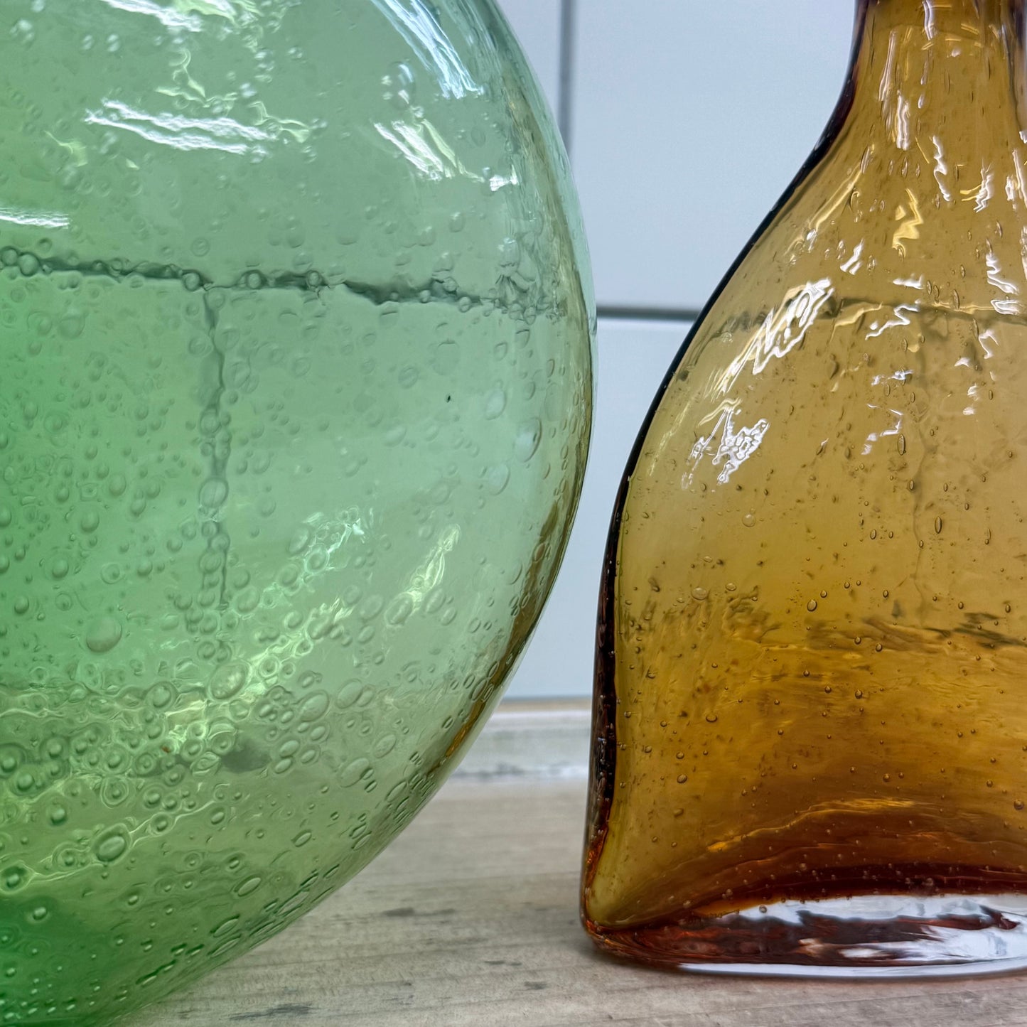 Mexican Seeded Art Glass Vases Green & Amber Hand Blown Set of 2