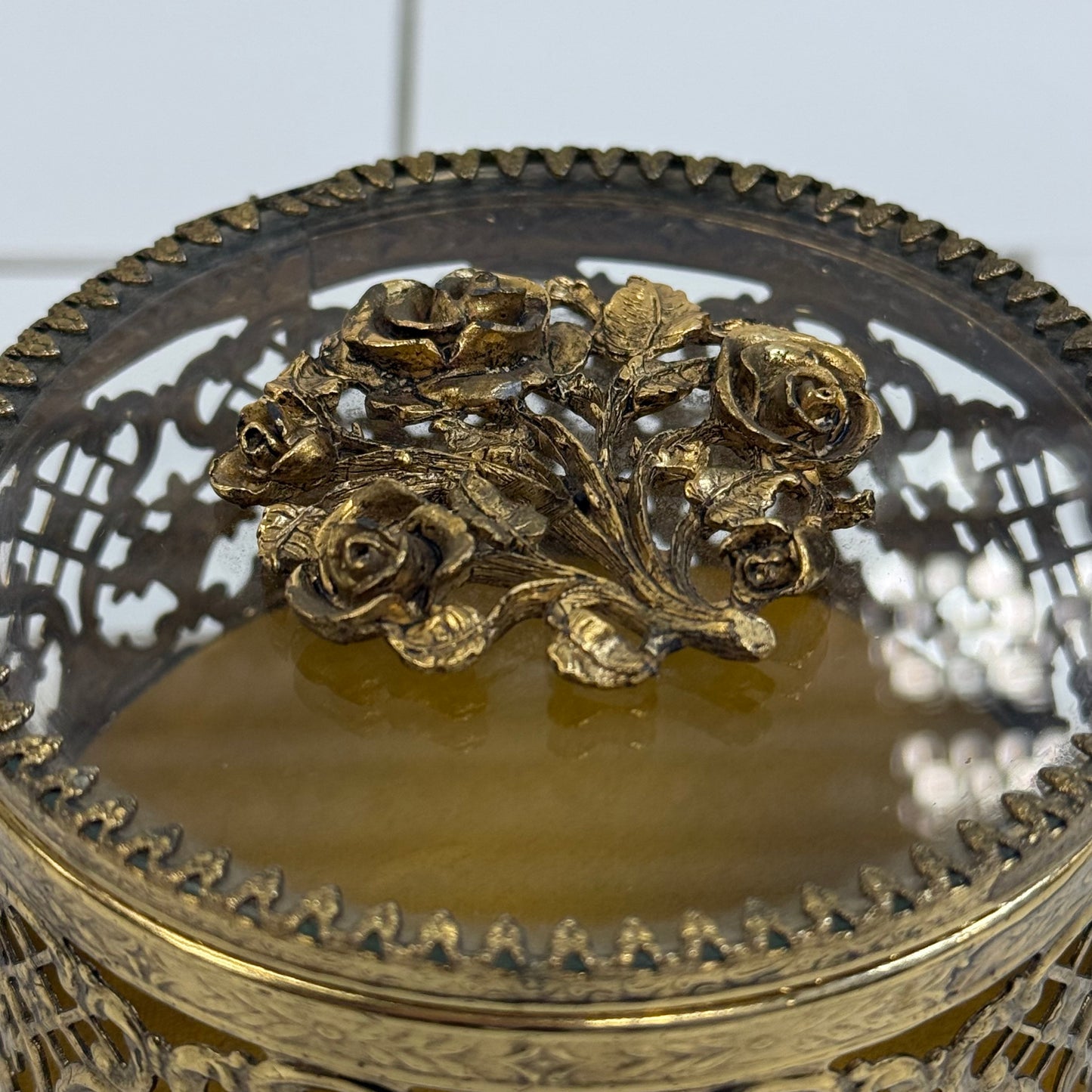 Hollywood Regency Filigree Rose Jewelry Casket Box